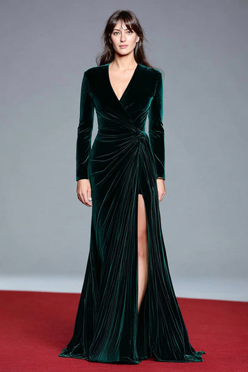 Dark Green Velvet V-Neck Long Sleeve Formal Dress with Slit
